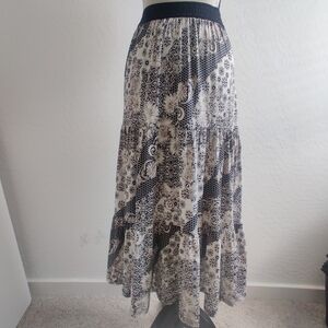 Lavish Black & White Patchwork Floral Honeycomb Polkadot Patterned Maxi Skirt_sm